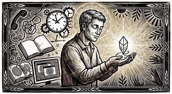 A linocut-style illustration of a man giving his whole attention to a single luminous crystal held in his open hands, while clocks, gears, books, screens and a tangled telephone cord fall away into shadow behind him.
