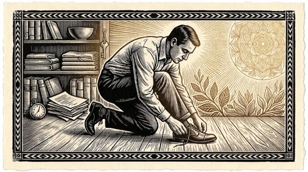 Woodcut of a man kneeling on a wooden floor to tie his shoelace, with a sunburst and leaves behind him